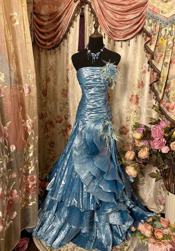Mermaid Strapless Blue Satin Prom Dresses Long Evening Gown Formal Party Dress SD1299 HZ0628